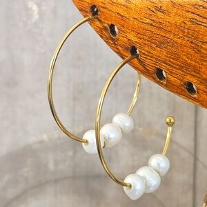 14K Gold Plated Over Sterling Silver Thin Hoop Earrings w/ 3 Freshwater Pearls